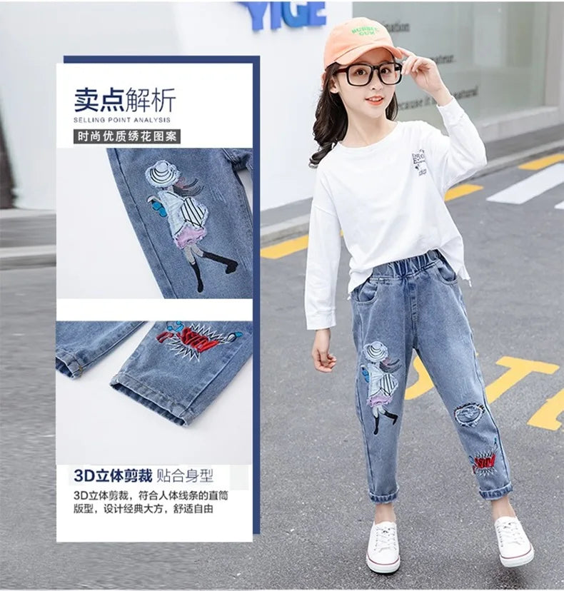 New Teenage Girls Jeans 2024 Spring Autumn Casual Fashion Loose Blue Kids Leg Wide Pants School Children Trousers 3-12Year