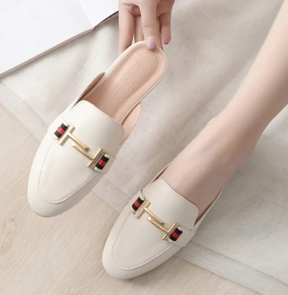 Women's British And European Style Mules Closed Toe Metal Chain Slippers Flat Outdoor Shoes In Brown White Black Round Toe 44 35