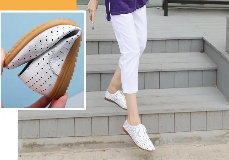 2024 New Spring Women Oxford Shoes Ballerina Flats Shoes Women Genuine Leather Shoes Moccasins Lace Up Loafers White Shoes 36-41