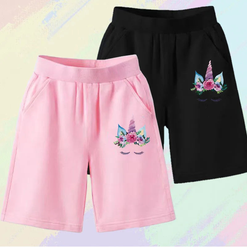 2023 Girls Summer Cat Ear Print Shorts Kids Elastic Waist Beach Short with Pocket Sports Short Pants Kids Cute Clothes 3-14y