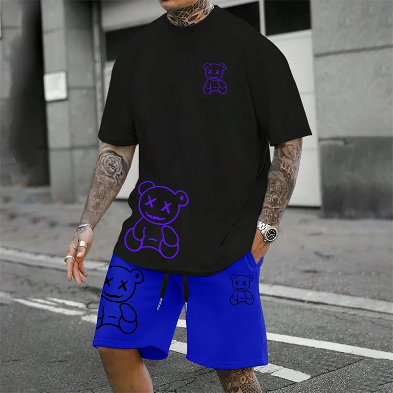 2025 Fun Bear Harajuku T-Shirt Men's Summer Loose Daily Couple Suit Outdoor Street Short Sleeve Shorts Two Piece Men Summer Suit