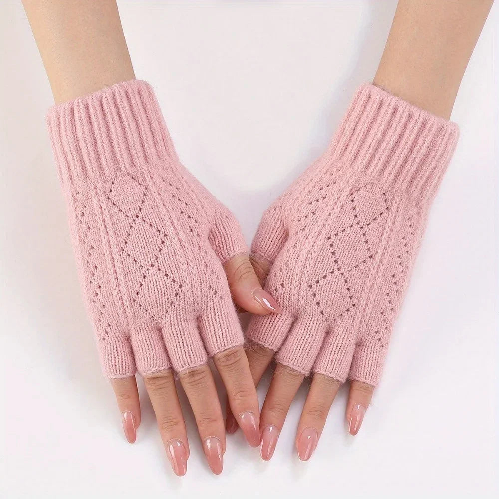 Mink Fleece Soft Winter Half Finger Gloves Women Warm Luxury Solid White Plush Knitted Fingerless Gloves Wrist Mittens Writting