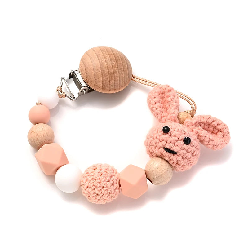 New Baby Wooden Pacifier Clip Wood Crochet Rabbit Teething Soother Chain For Nursing Chew Toy Baby Dummy Holder Chain BPA Free