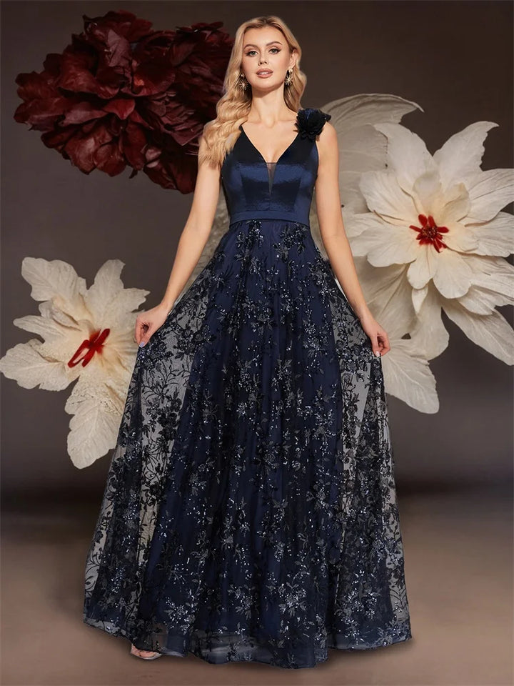 Lucyinlove Elegant V-Neck Blue Floral Evening Dress Long 2024 Luxury Women Chiffon Sleevesless Party Dress Prom Cocktail Dress