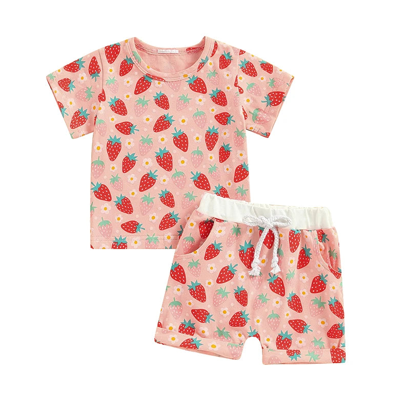 Little Boy Girl Summer Outfit 2024 Cute Animal Print Round Short Sleeve Tops Elastic Waist Shorts Infant Toddler 2 Pieces Set