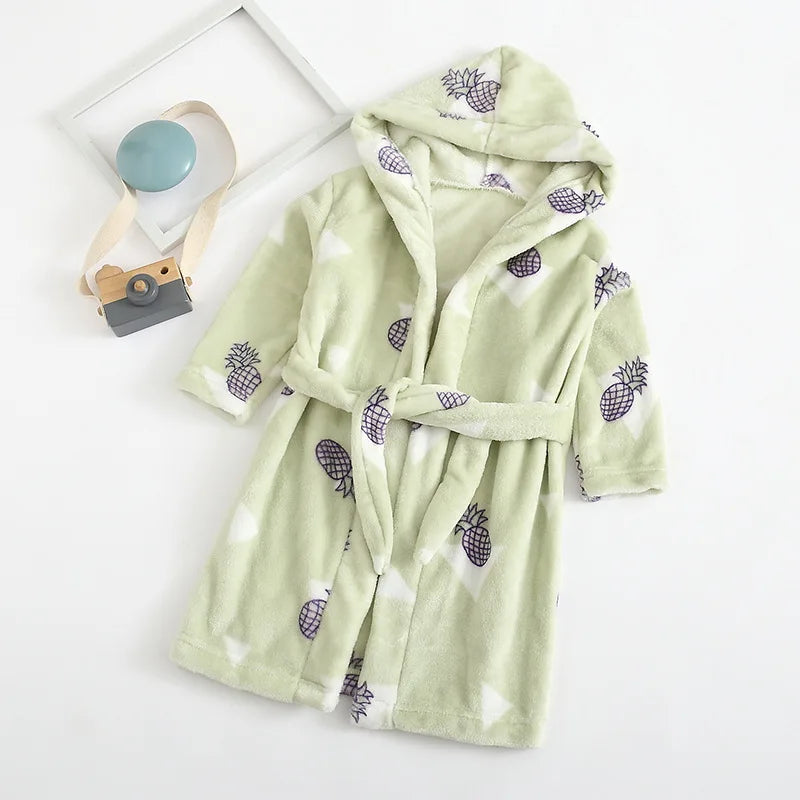 New Autumn Winter Kids Hooded Soft Flannel Bathrobe Baby Bath Robes Boys Girls Cute Cartoon Bear Pajamas Long Sleeve Towel Robe