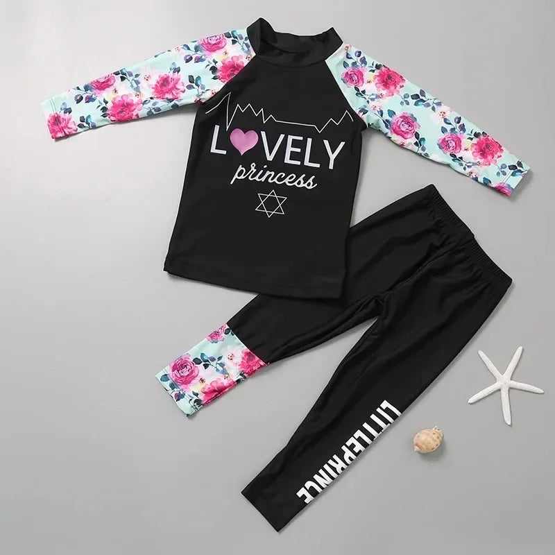 Two Piece Long Sleeve Cover up Flowers Korea swimwear beachwear girls bathing suits swimsuits kid