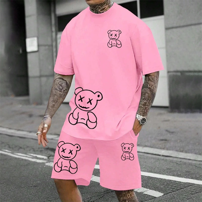 2025 Fun Bear Harajuku T-Shirt Men's Summer Loose Daily Couple Suit Outdoor Street Short Sleeve Shorts Two Piece Men Summer Suit