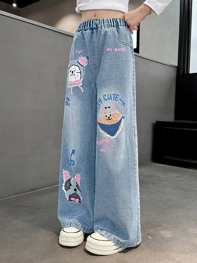 2024 Cartoon Fashion Pattern Jeans for Girl Loose Straight Denim Pants Lovely Print Kids Spring Autumn Korea Style Long Trousers