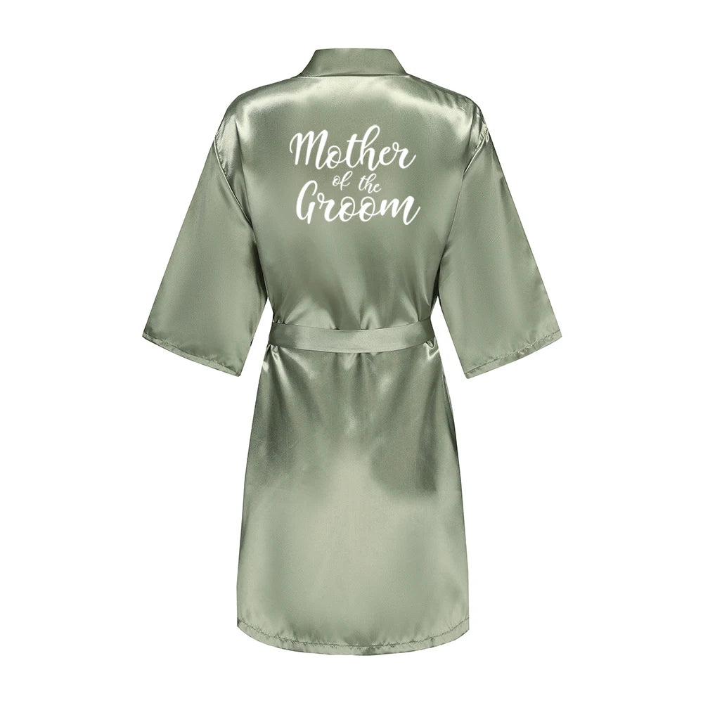 Grass Green Women's White Letter Bride Bridesmaid Short Satin Robes for Wedding Party Getting Ready