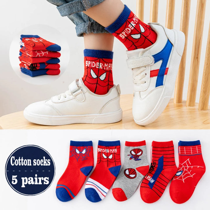 5 Pairs Children Sock Medium Length Anime Cartoon Comfort Warm High Quality Kids Baby Socks Boy Spiderman Socks Four Seasons