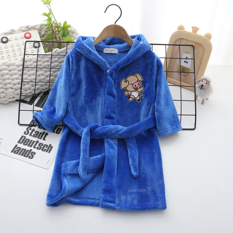 New Autumn Winter Kids Hooded Flannel Bathrobe Baby Bath Robes Boys Girls Cute Cartoon Soft Warm Pajamas Long Sleeve Towel Robe