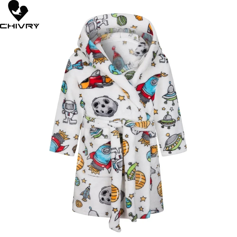 New Autumn Winter Kids Hooded Flannel Bathrobe Baby Bath Robes Boys Girls Cute Cartoon Soft Warm Pajamas Long Sleeve Towel Robe