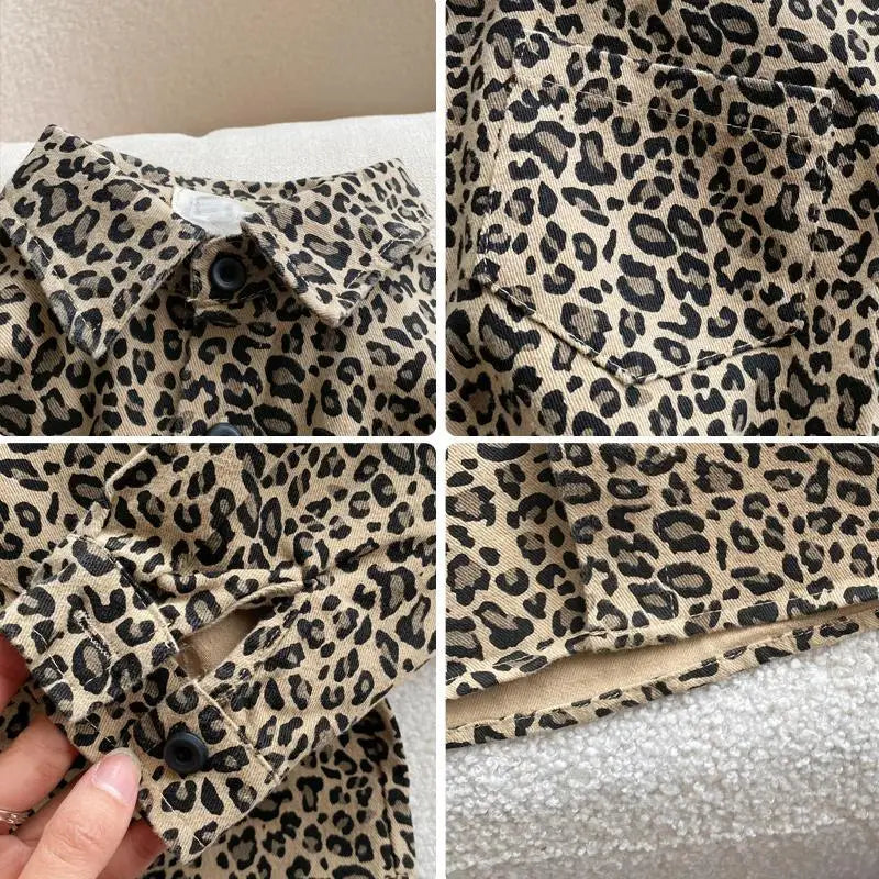 Boys T-shirt Turn-down Collar Leopard Print Button Long Sleeve Spring and Fall Cool Pretty Soft Cotton