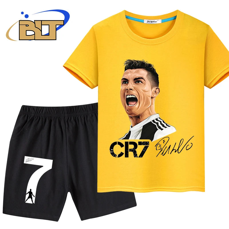 Ronaldo avatar printed children's clothing summer boys sports T-shirt suit casual shorts shorts 2-piece set