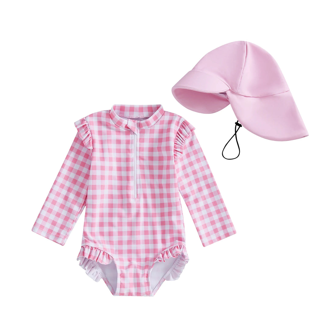 MISOWMNJOY Plaid Print New Girls Swimwear Summer Kids Swimsuit with Hat Zip Up Long Sleeve Crew Neck Baby Girls Swimming Suit