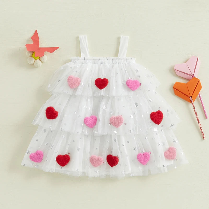 Kids Baby Girls Mesh Tulle Dress Cute Valentines Day Outfit Sleeveless Layered Bow Heart Sundress Toddler Party A-Line Dress