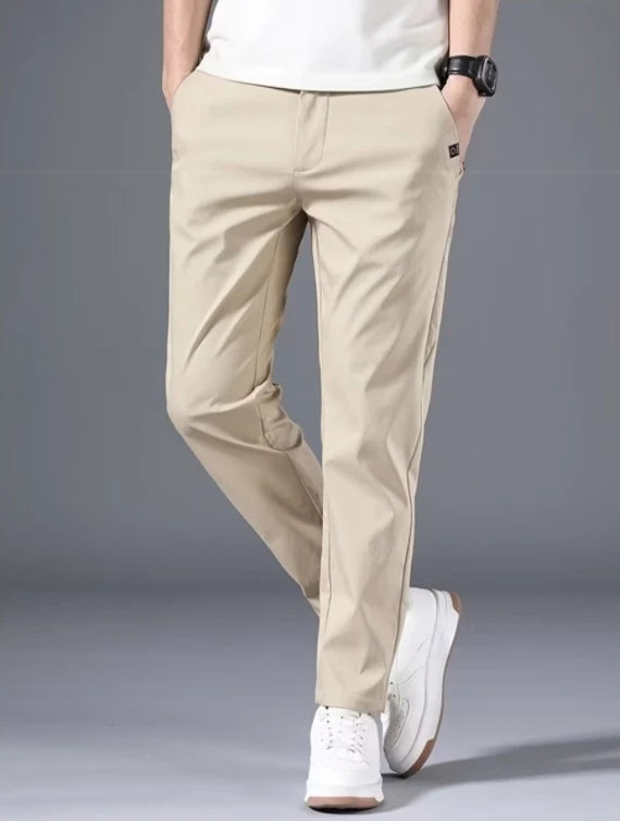 Men's casual pants, semi elastic waistband, nylon ice silk elastic straight tube, light gray, business gentleman, summer casual