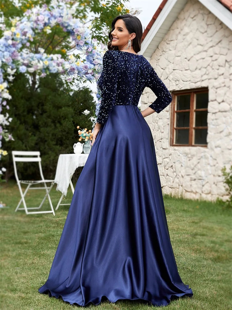 Lucyinlove Luxury Long Sleeve V-Neck Satin Formal Evening Dress 2024 Elegant Wedding Party Sequins Women Prom Cocktail Dresses