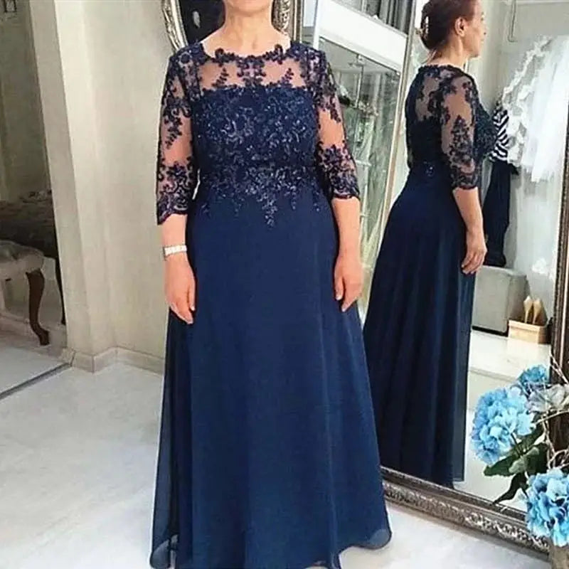 Customized Navy Blue Elegant Mother of the Bride Dress Chiffon 3/4 Sleeves Appliques Long Groom Mother Dresses for Wedding Party