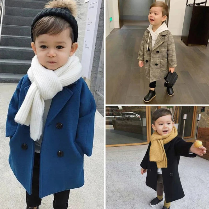 Spring Boys Jackets Child  Girl Woolen Double-breasted Baby Trench Coat Lapel Autumn Kids Outerwear  Winter Wool Overcoat