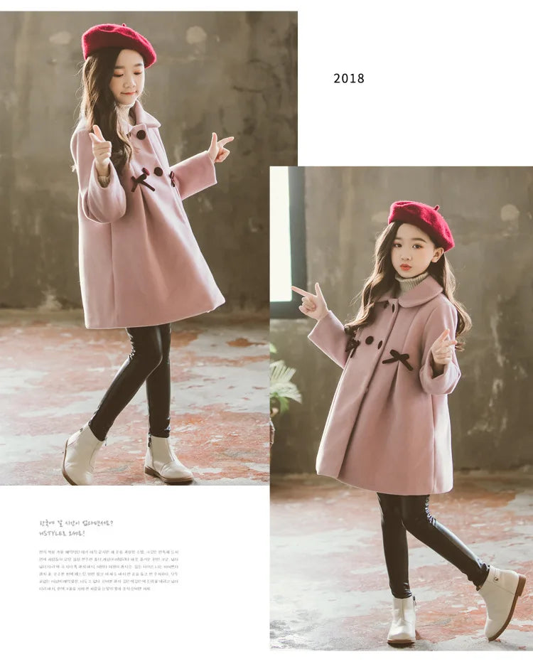 New Winter Teenager Girls Long Jackets Toddler Kids Outerwear Clothes Casual Children Keep Warm Woolen Trench Coat 3-12 Years