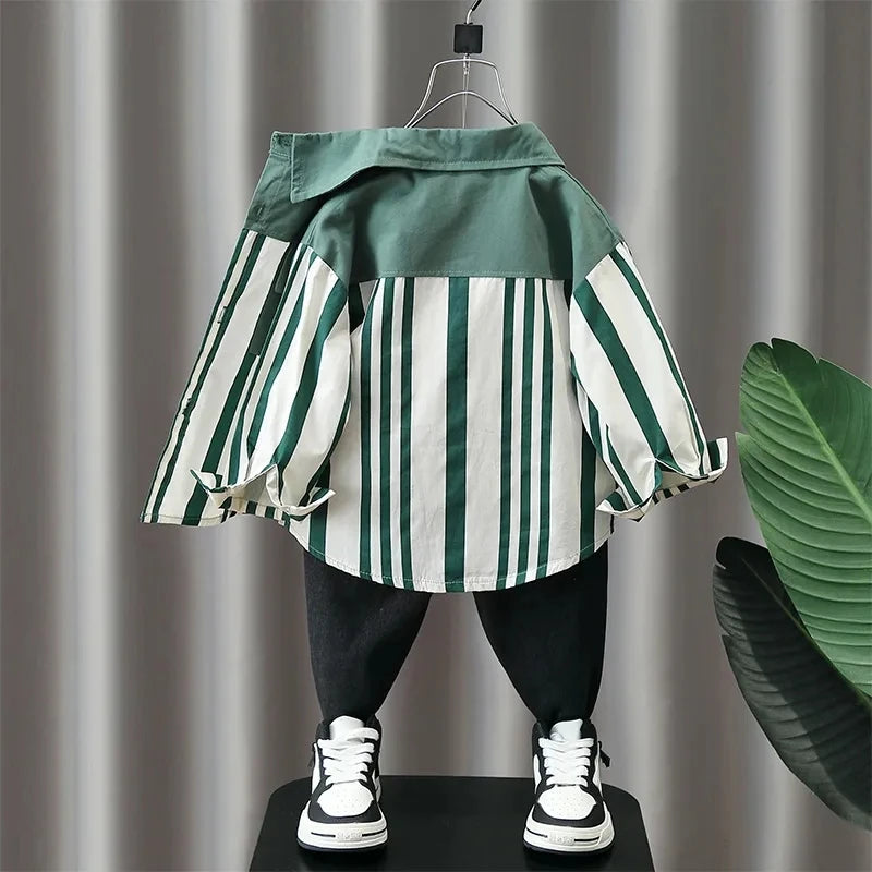 Boys' Autumn Shirts 2024 Spring and Autumn Season New Handsome Children's Striped Shirts Coat Foreign Style Casual Top