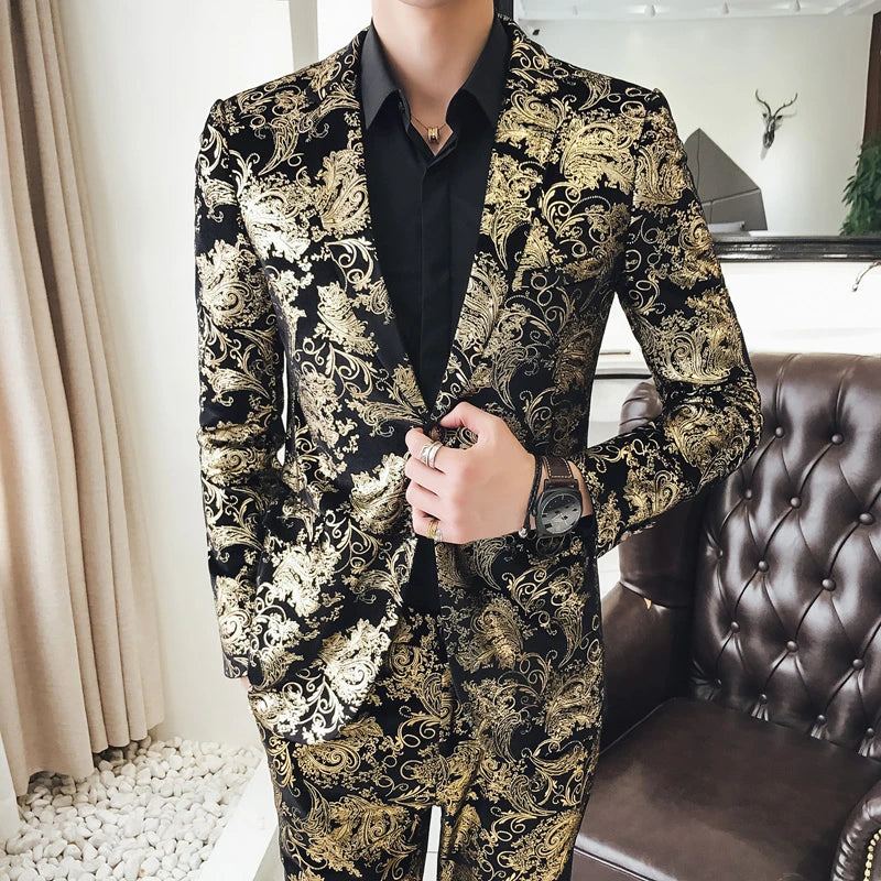 Men's Suit Set Shiny Gold and Silver 2-piece Set Korean Fashion Host Wedding Set Suit Jacket+pants Men's Hot Stamping Clothing