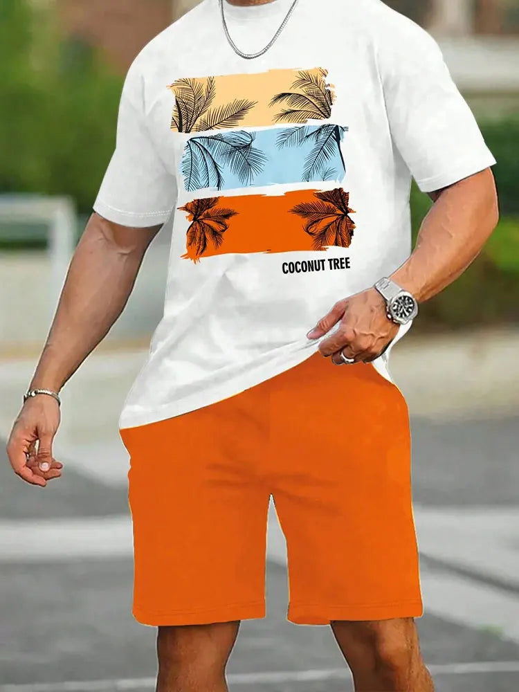 Summer Men's 2 Piece Set Hawaiian Fashion Casual Men's T-shirt Outdoor Beach Men's Shorts Palm Tree Print O-neck Short Sleeves