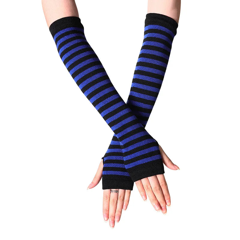 Y2K Fashion Women Girls Striped Elbow Gloves Warmer Knitted Long Fingerless Gloves