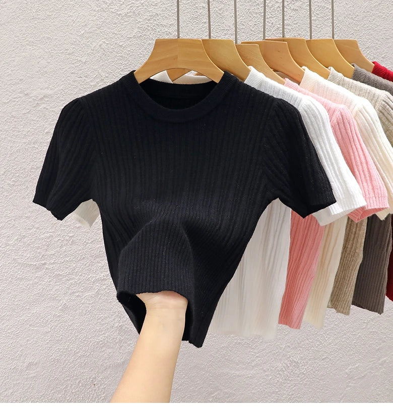 Summer T shirts for Women Casual Female Korean Knit Streetwear Tees Basic Solid Young Cool Tops