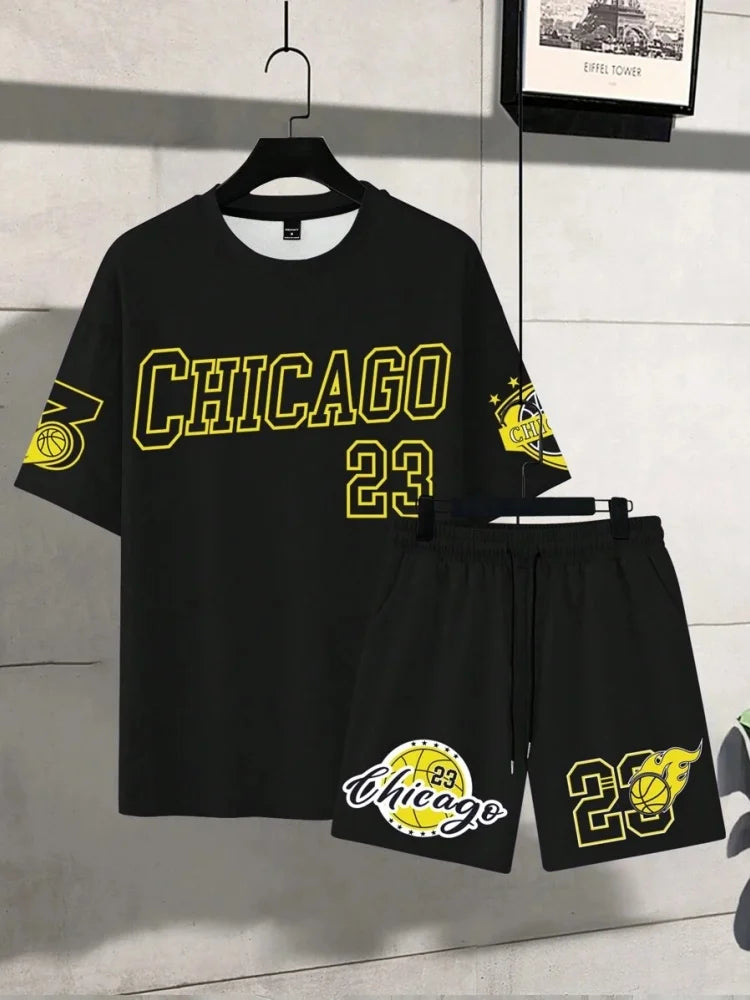 New Street Fashion Basketball T-shirt Outdoor Sports Men's Shorts Chicago Monogram Print Men's Short Sleeve And Shorts Set