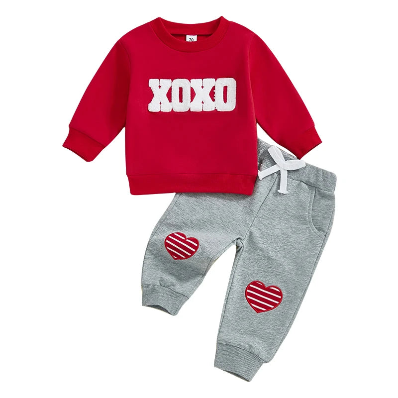 Lioraitiin Toddler Baby Boys Valentines Day Set Long Sleeve Crew Neck Embroidery Letters Sweatshirt with Heart Pants Outfit