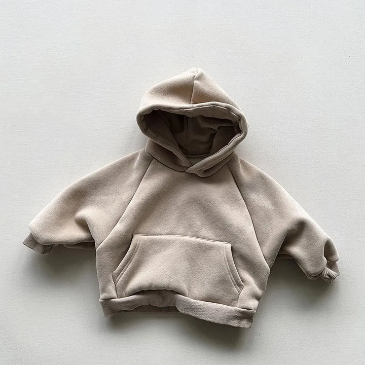 2024 Winter Fleece Solid Hoodies Baby Boys Casual Loose Pocket All-match Hooded Top Girls Simple Thick Pullover Cotton Clothes