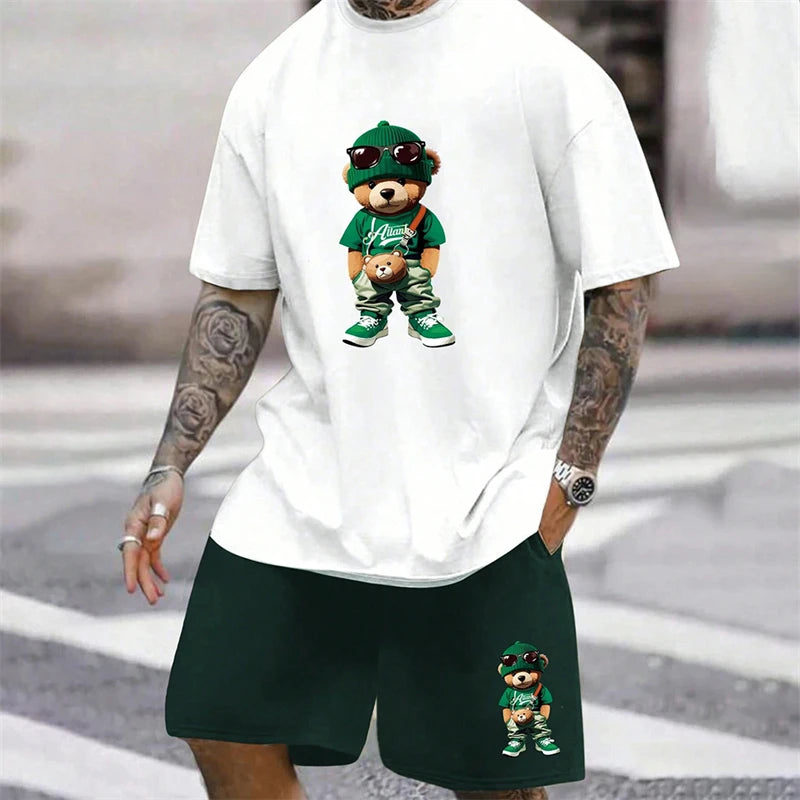 2025 Fun Bear Harajuku T-Shirt Men's Summer Loose Daily Couple Suit Outdoor Street Short Sleeve Shorts Two Piece Men Summer Suit