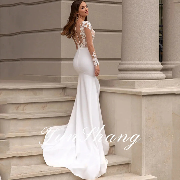 Yunshang Elegant Mermaid Wedding Dresses Lace V-Neck Long Sleeve Beading Bridal Gown Sweep Train Vestidos De Novia Customized