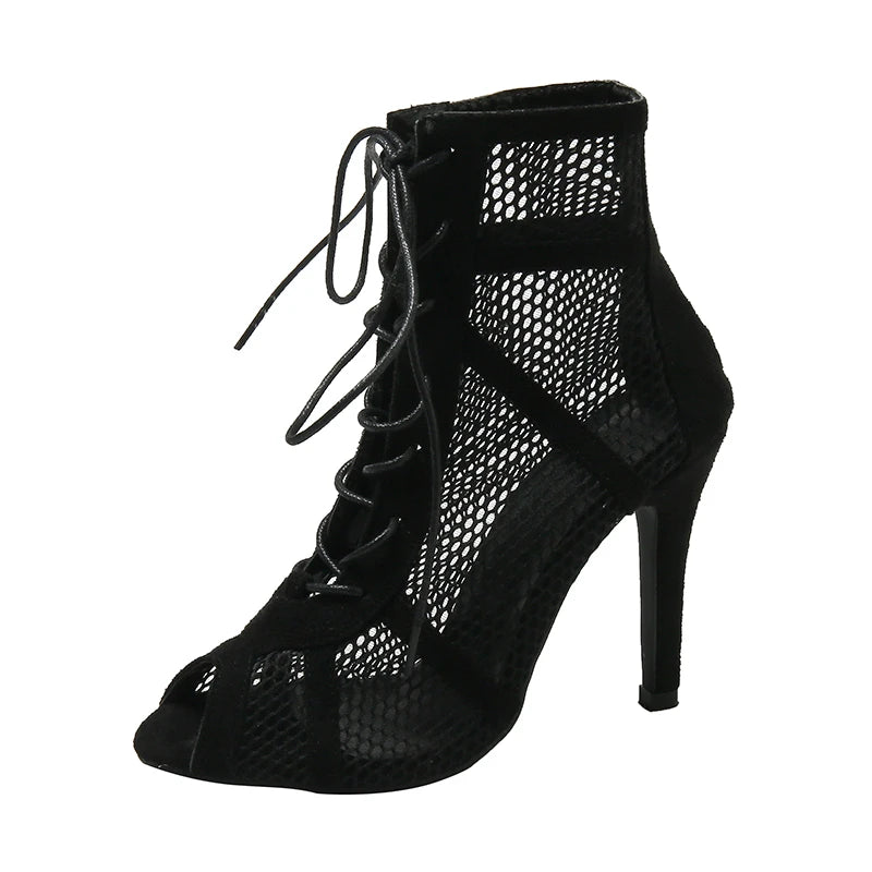 Sexy High Heels Hollow Mesh Sandals Women Summer Cross-tied Peep Toe Heeled Sandals Ankle Strap Dance Shoes Black Net Sandals