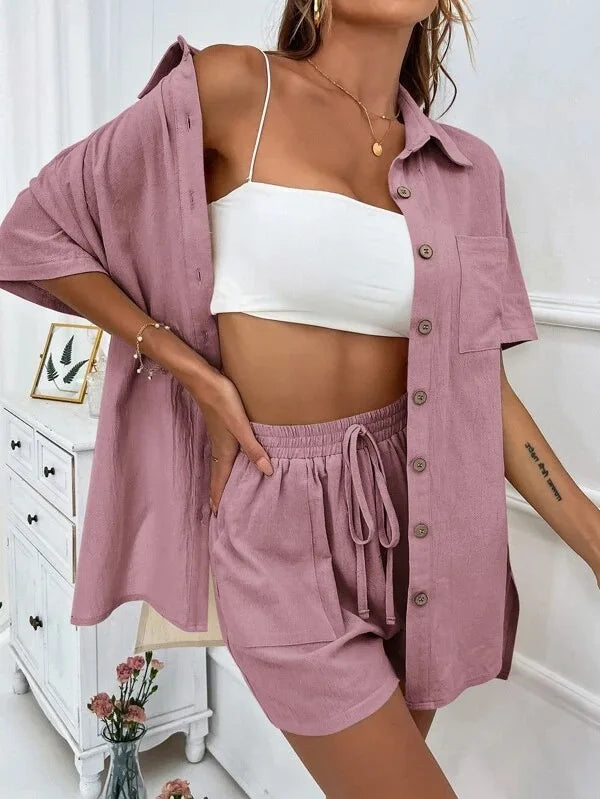 Long Sleeve Single breasted Top Broad legged Shorts Set Fashion Ladies Sexy Solid Suits 2023 Summer 2 Piece Outfits For Women