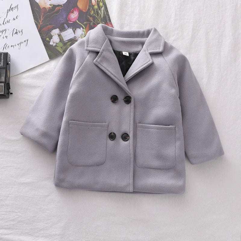 Spring Boys Jackets Child  Girl Woolen Double-breasted Baby Trench Coat Lapel Autumn Kids Outerwear  Winter Wool Overcoat