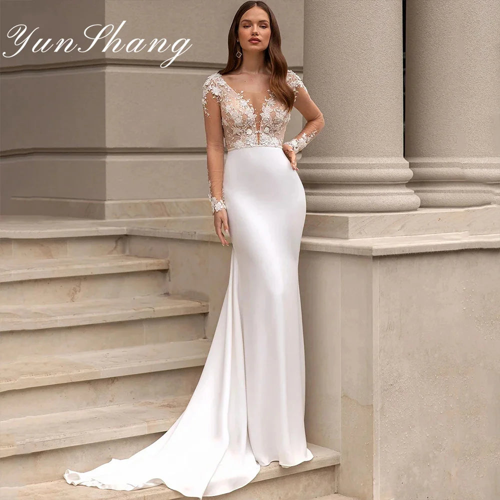 Yunshang Elegant Mermaid Wedding Dresses Lace V-Neck Long Sleeve Beading Bridal Gown Sweep Train Vestidos De Novia Customized