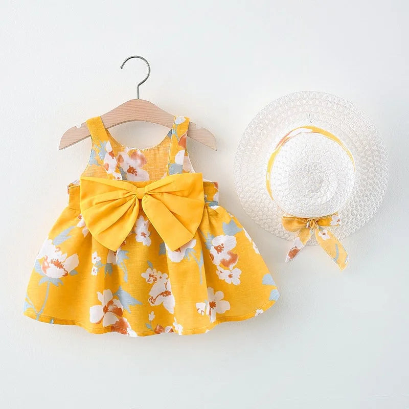 Toddler Girl Outfit Korean Style Dress For Baby Girl Cute Flower Printed Bow Dress Send Hat