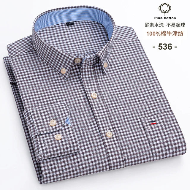 S-6XL Oxford Shirts for Men Long Sleeve Pure Cotton Solid Stripe Leisure Embroidered Horse Streetwear Business Plain Office 6XL