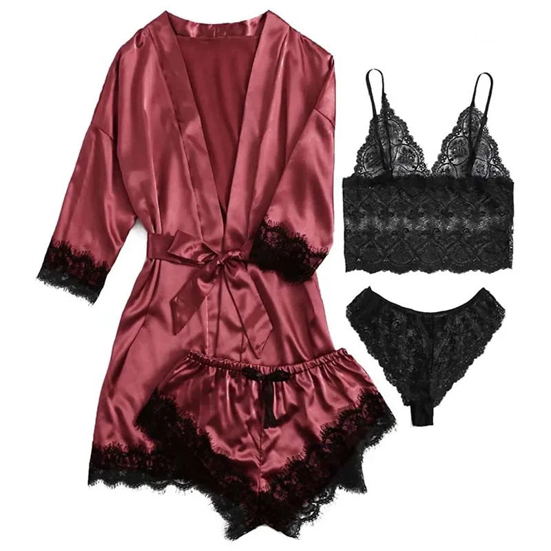 4 Pieces Woman Sleepwear Pajamas Ser With Robe Sexy Lace Lingerie Bathrobe Silk Satin Home Clothed Nightwear Robe