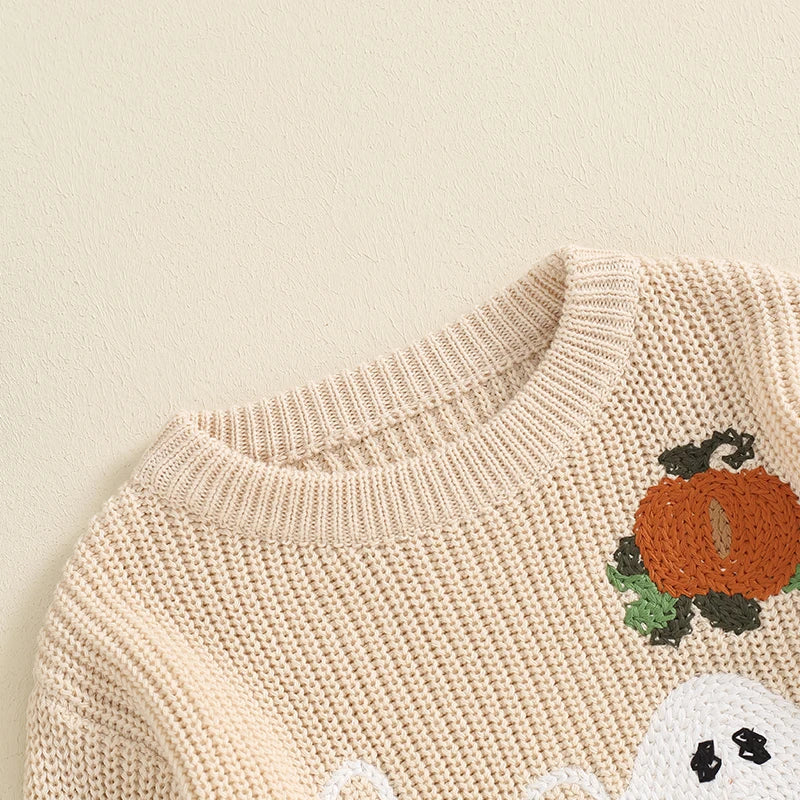 2024-05-21 Lioraitiin Toddler Boys Girls Halloween Sweater Witch Pumpkin Letter Ghost Long Sleeve Round Neck Knitted Pullover