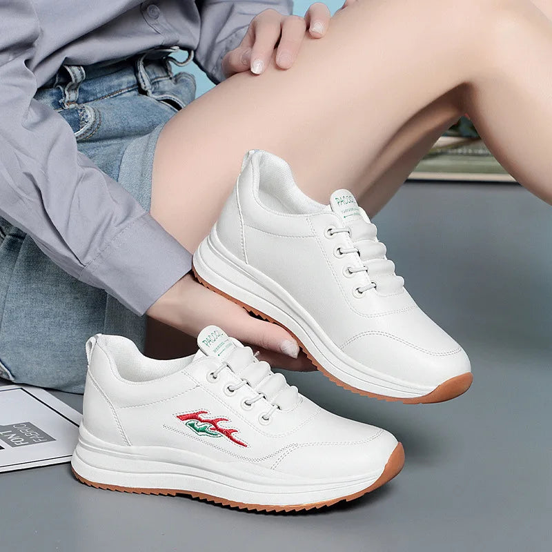 White Breathable Comfort Women's Sports Shoes Outdoor Walking Flats Spring Anti-slip Soft Leather Soft Bottom Casual Sneaker