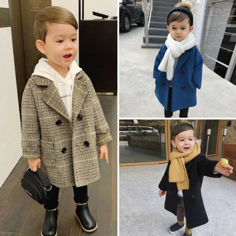 Spring Boys Jackets Child  Girl Woolen Double-breasted Baby Trench Coat Lapel Autumn Kids Outerwear  Winter Wool Overcoat