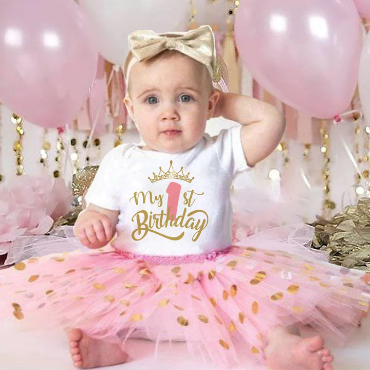 My 1st Birthday Baby Girl Birthday Dress + Bodysuit Set Pink Tutu Cake Dresses + Romper Outfits Girls Summer Clothes Jumpsuit