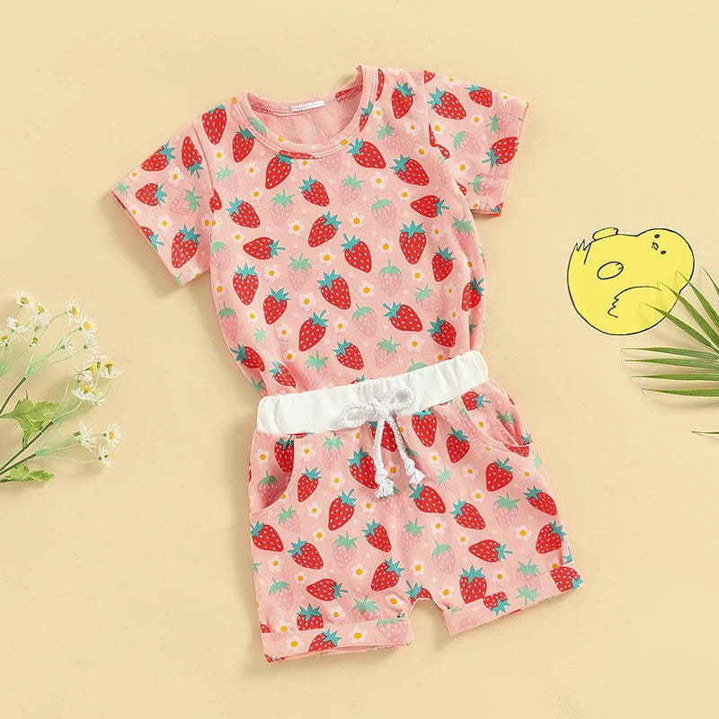 Little Boy Girl Summer Outfit 2024 Cute Animal Print Round Short Sleeve Tops Elastic Waist Shorts Infant Toddler 2 Pieces Set