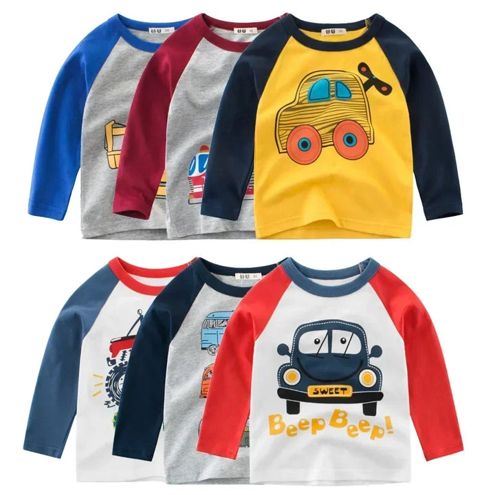 2025 Autumn T Shirt Cartoon Car T-shirt Boys Girls Baby Kids Clothes Cotton Long Sleeve Top for Boy Children's Clothing 2-9 Year