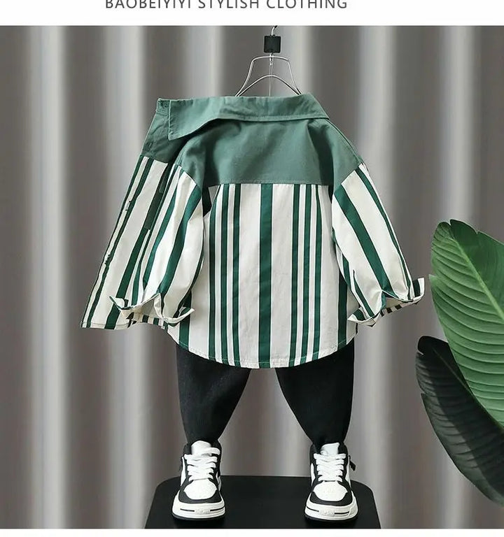 Boys' Autumn Shirts 2024 Spring and Autumn Season New Handsome Children's Striped Shirts Coat Foreign Style Casual Top